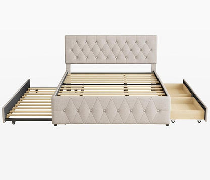 Ball & Cast Queen Bed Frame with Adjustable Headboard,Upholstered Platform Bed Frame Queen Size with 2 Wood Storage Drawers & Pull‑Out Trundle Bed,Wooden Slats Support,No Box Spring Needed,Taupe