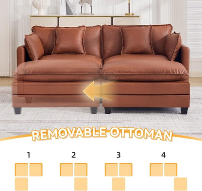 76'' Cloud Deep Seat Loveseat Sofa, Upholstered Leather Modular 2-Seats Sectional Sofa Couch with Movable Ottoman, Modern Comfy Settee Loveseat for Living Room Set, Small Apartment,Leather Brown