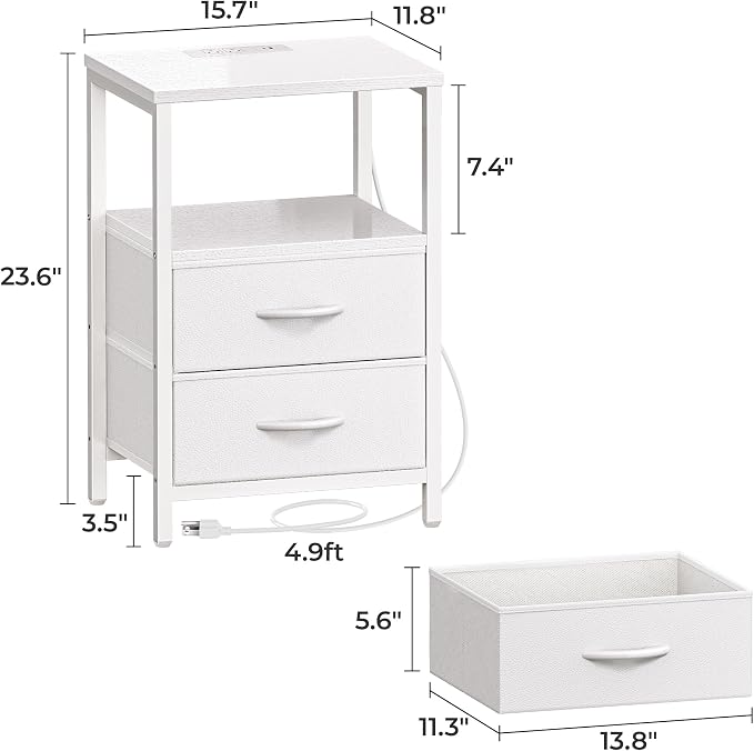 Huuger Nightstands Set of 2, End Tables with Charging Station, Side Tables with Fabric Drawers, Bedside Tables with USB Ports and Outlets, Night Stands, PU Leather, White
