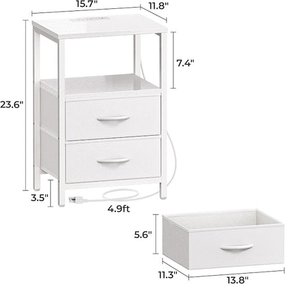 Huuger Nightstands Set of 2, End Tables with Charging Station, Side Tables with Fabric Drawers, Bedside Tables with USB Ports and Outlets, Night Stands, PU Leather, White