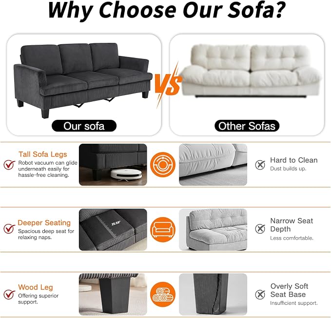 Modern 3 Seater Sofa for Living Room with Soft Deep Seats, Sofa 3 Seater in Linen, Upholstered Apartment Sofa with Armrests, Comfy Cozy Sofas for Bedroom (Corduroy, Dark Gray)