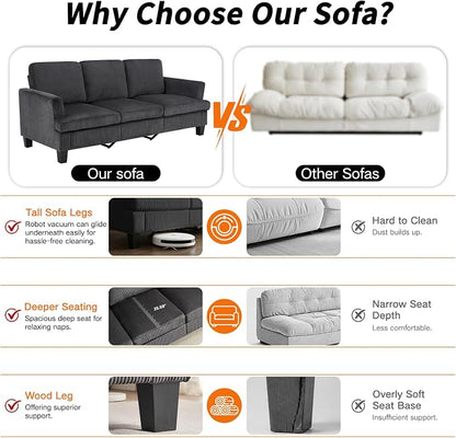 Modern 3 Seater Sofa for Living Room with Soft Deep Seats, Sofa 3 Seater in Linen, Upholstered Apartment Sofa with Armrests, Comfy Cozy Sofas for Bedroom (Corduroy, Dark Gray)