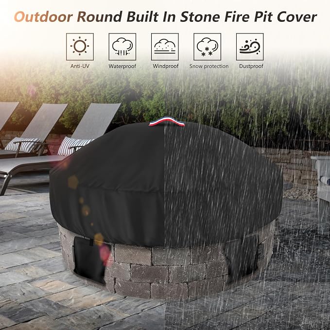 Outdoor Round Built in Stone Fire Pit Cover,Heavy Duty 600D Waterproof Cover for 50In-57In Fire Pit with Spark Screen,All-Weather Protection Round Fire Pit Cover for In Ground Brick Fire Pit,Black