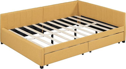 Merax Full Size Upholstered Daybed with 2 Storage Drawers, Wooden Sofa Bed Frame for Bedroom Guest Room, No Box Spring Needed