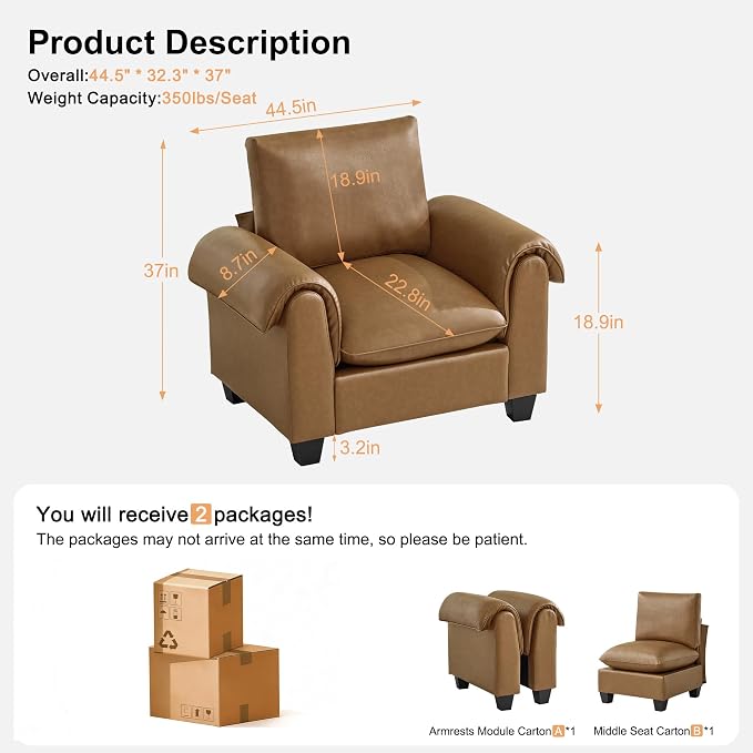 44.5" Faux Leather Single Sofa Sofa, Oversized Accent Chair with Curved Armrests, Cloud Modern Sofa Upholstered Deep Seat Reading Chair Armchair for Living Room, Bedroom，Light Brown