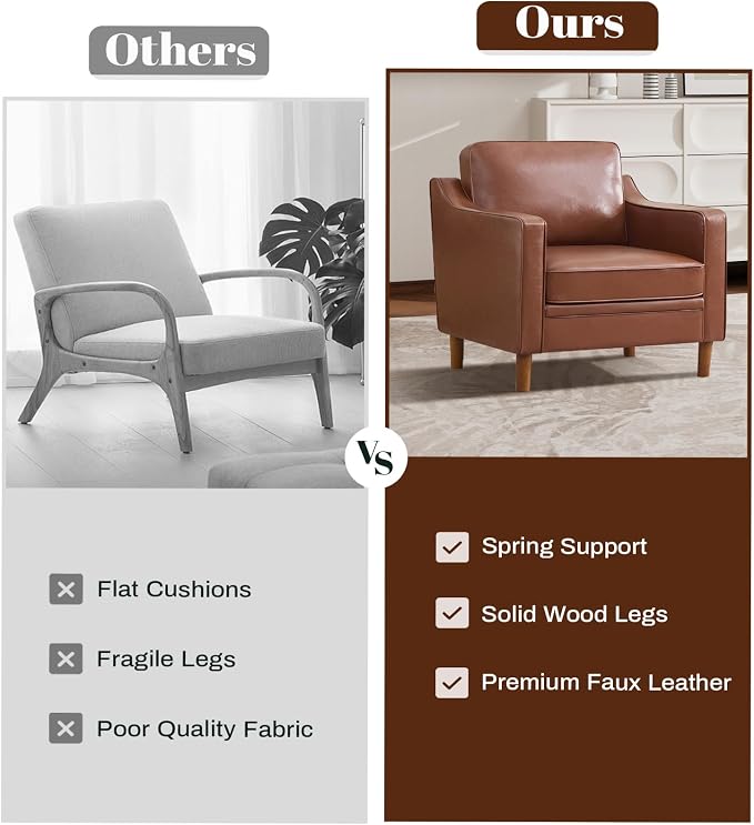 Kingfun Accent Chair Set of 2, Living Room Chairs, Faux Leather Reading Armchair, Mid Century with Solid Wood Foot, Upholstered Modern Decor for Bedroom, Apartment