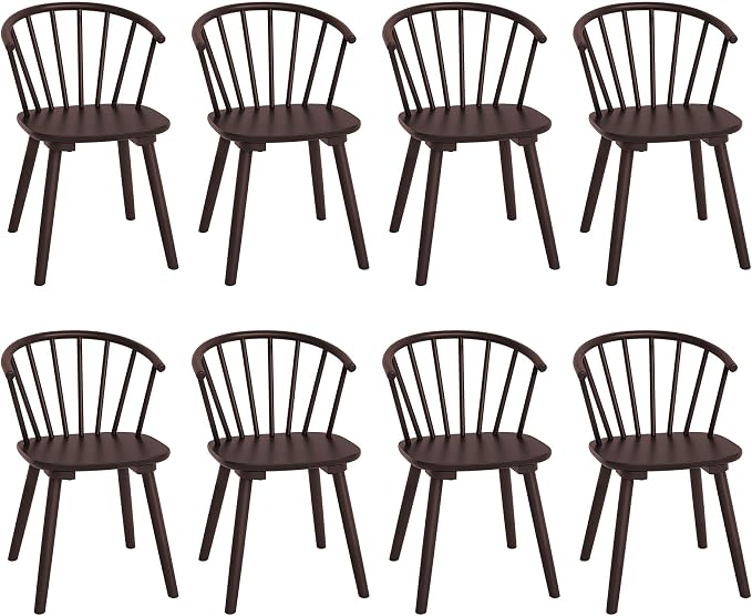 LUE BONA Espresso Dining Chairs Set of 8, Farmhouse Wood Dining Chairs with Semicircular Backrest, Spindle Dining Chair for Kitchen and Dining Room, 18 Inch