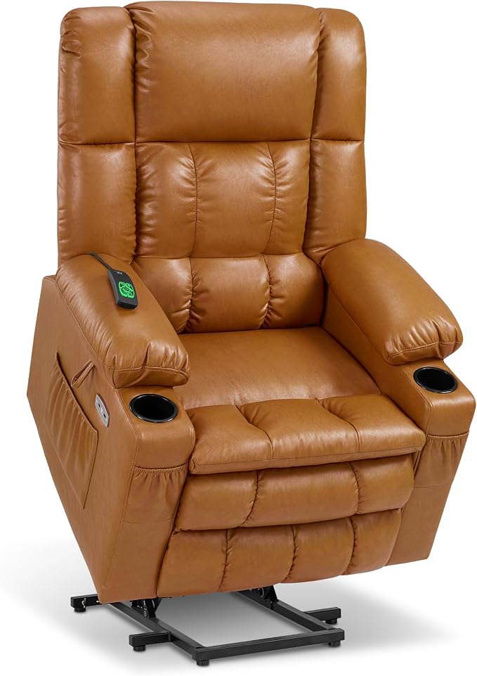 MCombo Large Dual Motor Power Lift Recliner Chair for Elderly, Zero Gravity Lift Chair with Heat and Massage, Infinite Position Lay Flat Recliner, USB Ports, Faux Leather 7896 (Tawny, Large)