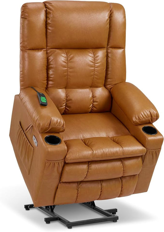 MCombo Large Dual Motor Power Lift Recliner Chair for Elderly, Zero Gravity Lift Chair with Heat and Massage, Infinite Position Lay Flat Recliner, USB Ports, Faux Leather 7896 (Tawny, Large)