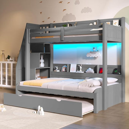 RUNNA Twin Over Full Bunk Bed with Trundle,Storage Stairs,USB Grey | Twin over full bunk bed with trundle, storage stairs, shelves, USB, solid pine wood, guardrails, no box spring needed