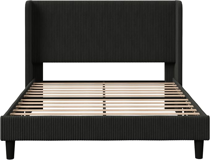 Allewie Queen Size Bed Frame with Upholstered Wingback Headboard, Vertical Channel Tufted Corduroy Velvet Platform Bed, Strong Wooden Slats Support, No Box Spring Needed, Easy Assembly, Sturdy, Black
