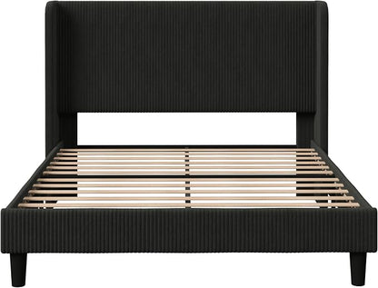 Allewie Queen Size Bed Frame with Upholstered Wingback Headboard, Vertical Channel Tufted Corduroy Velvet Platform Bed, Strong Wooden Slats Support, No Box Spring Needed, Easy Assembly, Sturdy, Black