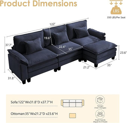 122" Corduroy Modular Sectional Sofa, Convertible L Shaped Modular Sofa Comfy Cloud Couch with Ottoman, Side Pockets and 3 Throw Pillows for Living Room, Blue, 4 Seats