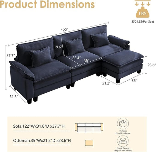 122" Corduroy Modular Sectional Sofa, Convertible L Shaped Modular Sofa Comfy Cloud Couch with Ottoman, Side Pockets and 3 Throw Pillows for Living Room, Blue, 4 Seats