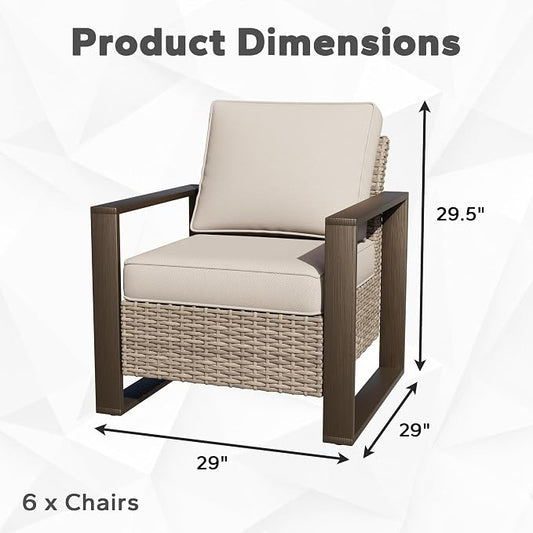 Joyside Outdoor Patio Chairs Set, 6 Pieces Wicker Rattan Chairs with Metal Wide Armrest, Thick Cushions and Deep Seating for Garden, Backyard, Porch, Deck