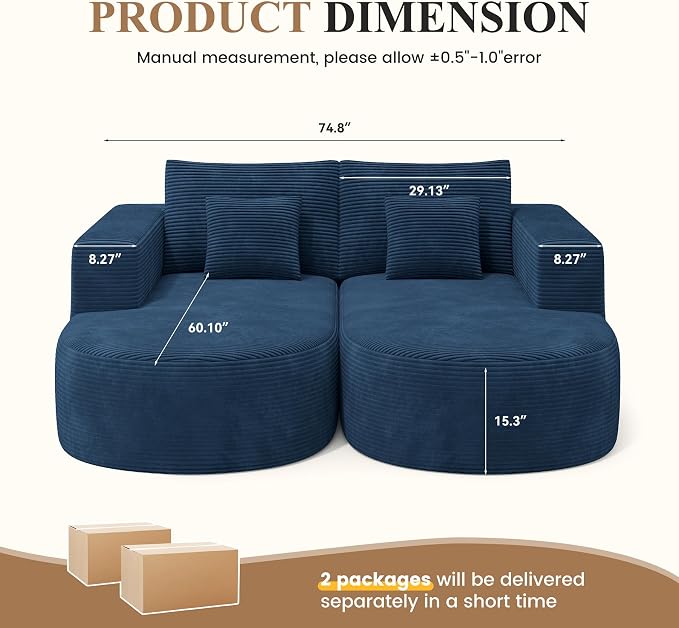 Modular Sectional Sofa Bed,Convertible Cloud Couches for Living Room,2 Chaise Corduroy Boneless Couch Sleeper Sofa Set,Oversized Chaise Lounge Chair for Bedroom,No Assembly Required,Blue 1PCS