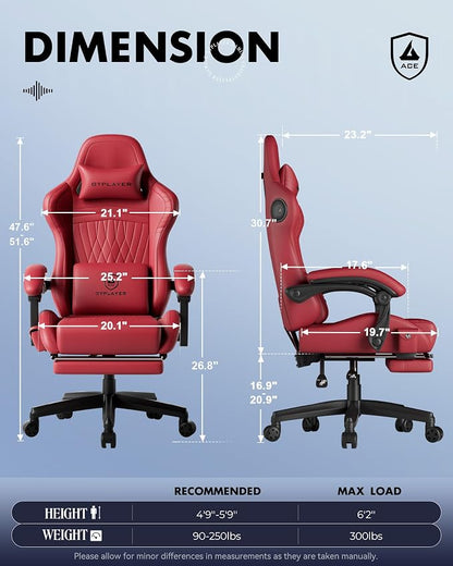 GTPLAYER Gaming Chair with Speakers, Video Game Chairs with Footrest, PC Gamer Chairs for Adults - Padded High Back Ergonomic Reclining Silla Gamer, Linkage Armrest, Ace Pro, Wine Red New