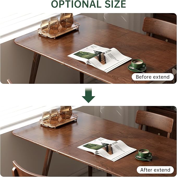 47’’-63’’ 100% Oak Extendable Dining Table, Solid Wood Folding Kitchen Table, Mid Century Modern Dinner Table for Kitchen, Apartment, Living Room (47''-63'' Walnut)