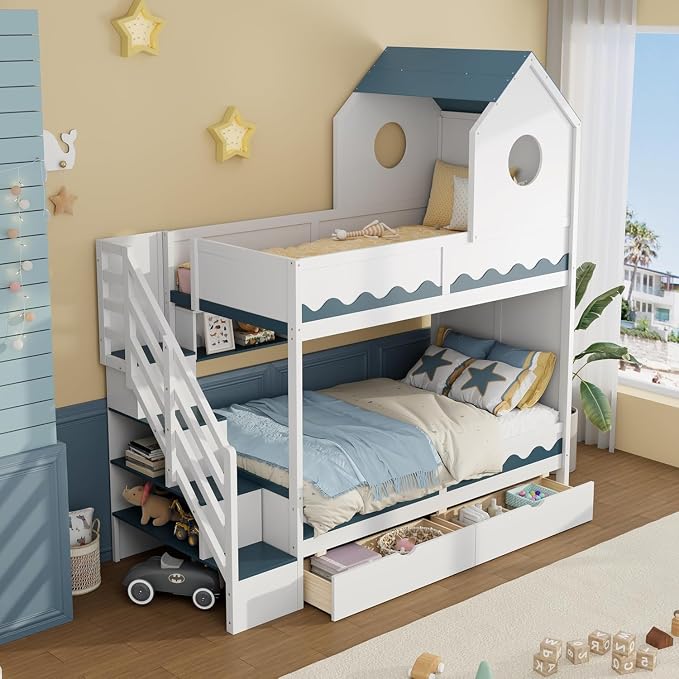 Virubi Twin House Bunk Bed with Stairs and Drawers,Wood Castle Bed with Storage Drawers Shelves& LED Lights (Twin Over Twin,White)