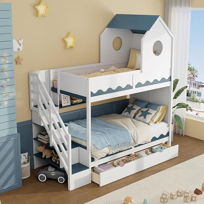 Virubi Twin House Bunk Bed with Stairs and Drawers,Wood Castle Bed with Storage Drawers Shelves& LED Lights (Twin Over Twin,White)
