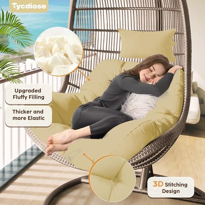 Outdoor Hanging Egg Chair Cushion Replacement, Thicken Egg Chair Cushion Waterproof Basket Eggs Chairs Cushion with Headrest Pillow, U-Shaped Cushions for Hanging Eggs Chairs Swing (Khaki)