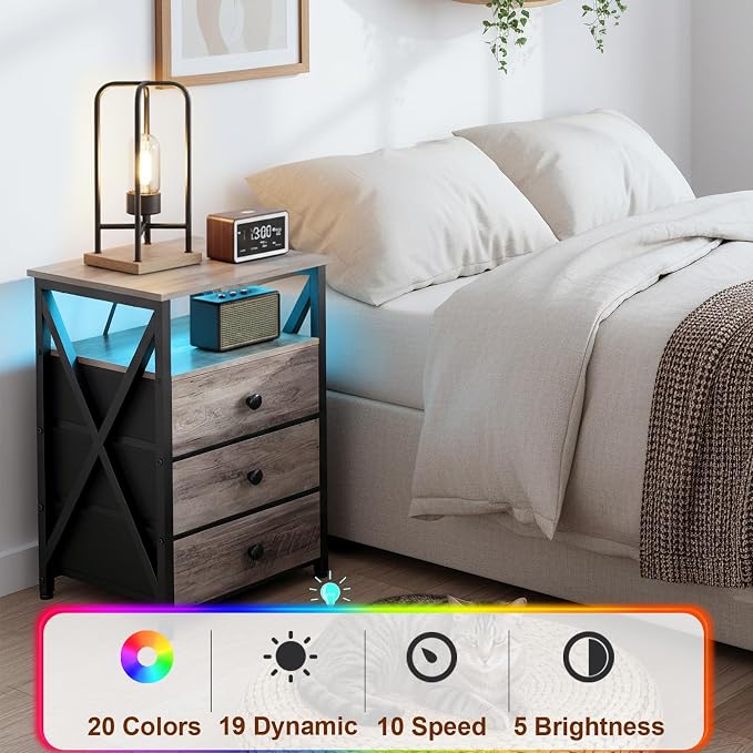 AMHANCIBLE Nightstands Set of 2, LED Night Stand with Charging Station, End Side Tables with USB Port & Outlet, Bedside Table with 3 Fabric Drawers for Bedroom, Greige, HET053LGY