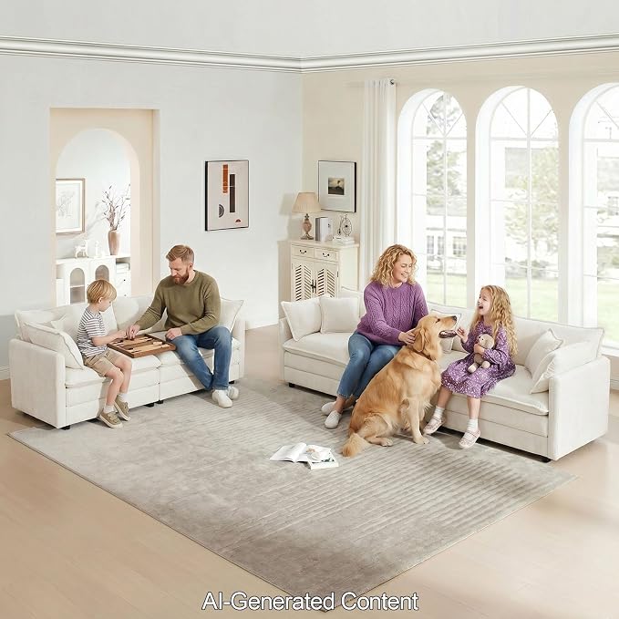 GNIXUU 111.5" Modern Cloud Sofa Couch, Upholstered Chenille 3 Seat Sofa Couch with Pillows & Armrest for Living Room, Bedroom, Deep Seat Sofa(Beige White)