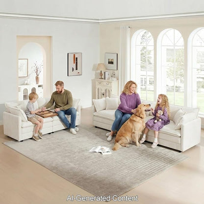 GNIXUU 111.5" Modern Cloud Sofa Couch, Upholstered Chenille 3 Seat Sofa Couch with Pillows & Armrest for Living Room, Bedroom, Deep Seat Sofa(Beige White)
