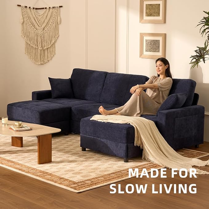 112" U Shaped Modular Cloud Sectional Couch, Waffle Fabric, Navy | Modular Deep Seat Sofa, Movable Ottoman, Pocket Spring Cushions, 2-Box Delivery, Living Room Lounge Use, Not Boneless