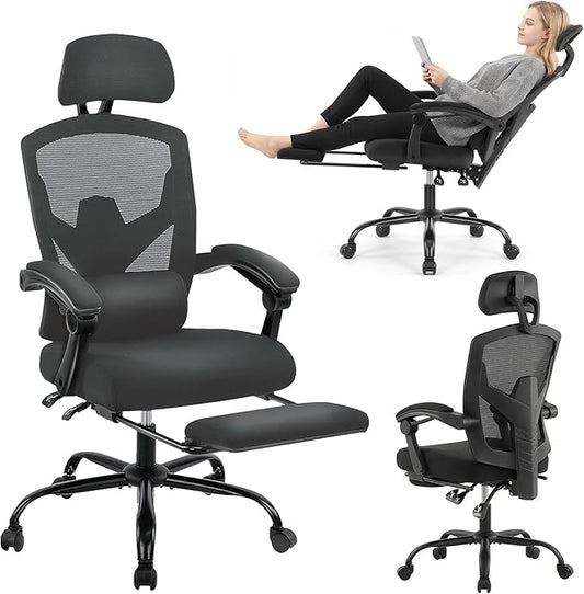 Desk Chair with Foot Rest, High-Back Mesh Office Chair with Wheels, Reclining Gaming Chair with Headrest and Adjustable Lumbar Support, 90°-130° Reclining, for Home Office and Gaming, Classic Black