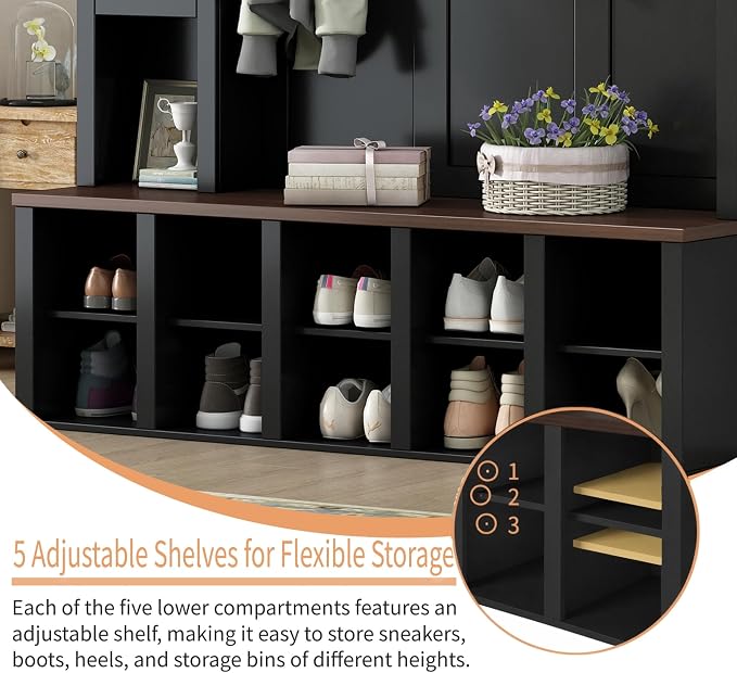 Hall Tree with Bench and Shoe Storage,Shoe and Coat Rack with Drawer and Hooks,Farmhouse Furniture for Entryway,Mudroom,Living Room,Black (Black, 59.2")