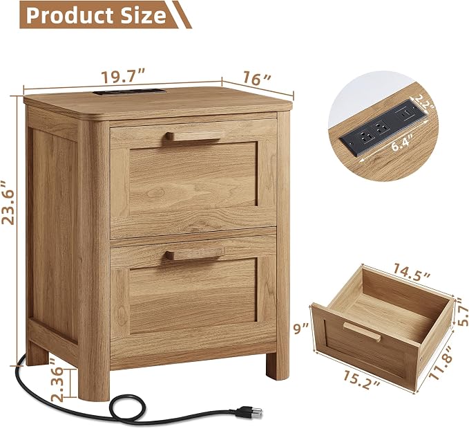 Joaxswe Farmhouse Nightstand Set of 2 with Charging Station, End Tables Bedroom with 2 Large Drawers & 4 Thickened Table Legs, Brown