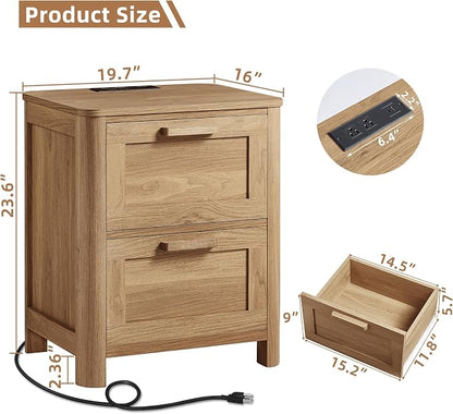 Joaxswe Farmhouse Nightstand Set of 2 with Charging Station, End Tables Bedroom with 2 Large Drawers & 4 Thickened Table Legs, Brown
