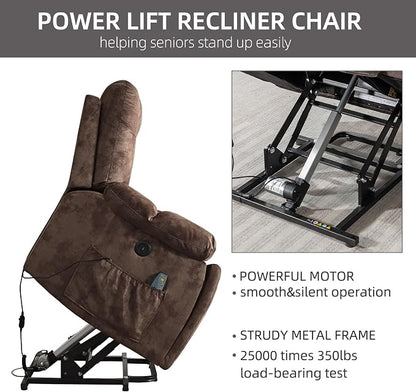 CANMOV Power Lift Recliner Chair with Massage and Heat for Elderly, Overstuffed Wide Recliners, Heavy Duty and Safety Motion Reclining Mechanism with USB Ports, 2 Concealed Cup Holders, Chocolate