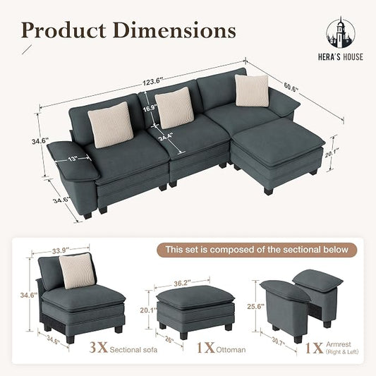 HERA'S HOUSE 124" Modular Sectional Sofa, Oversized L Shaped Couches for Living Room, Comfy Cloud Couch with Ottoman, 4-Seater Deep Seat Sofa with Throw Pillow, Chenille Blue