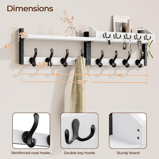 Evermagin 35" Coat Rack Wall Mount with Shelf, 4 in 1 Coat and Key Hanger with 13 Metal Hooks, Entryway Wall Mounted Shelf with Mail Holder for Living Room, Bedroom, White