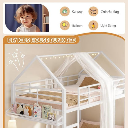 DICTAC Twin Over Twin Low Bunk Bed with Desk and Drawers, White | Metal House Shaped Low Bunk Bed, 2 Storage Drawers, Bookshelf and Side Pocket, Floor Bunk Bed with 13.4''H Safety Guardrail