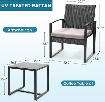 3 Piece Outdoor Wicker Bistro Set, Rattan Patio Conversation Set with Coffee Table & Washable Cushions for Porch Yard Balcony, Black/Grey