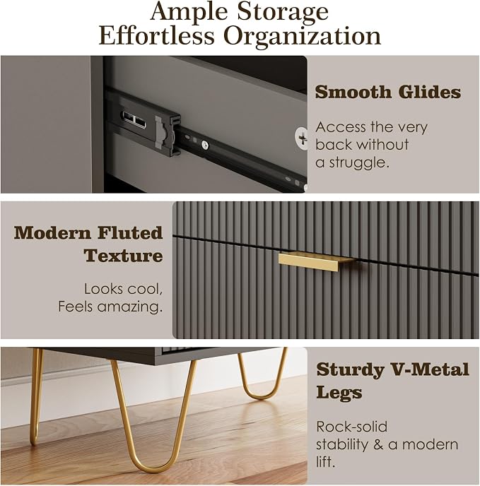 Masupu 4 Drawer Dresser, Drawer Chest, Tall Storage Dresser Chest Cabinet Organizer Unit with Gold Metal Legs, Nightstand for Bedroom, Living Room, Closet, Hallway Gray Stripe