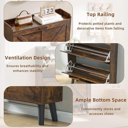 LEYAOYAO Shoe Cabinet Storage for Entryway with 2 Flip Drawers Rack Narrow Organizer Slim Hidden Wood Shoe Cabinet Furniture Brown
