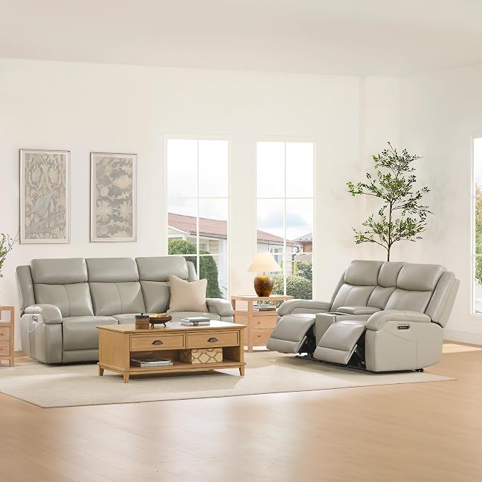 Watson & Whitely Genuine Leather Power Recliner Sofa, 3 Seater Wall Hugger Reclining Sofas with Power Headrest, USB & TypeC Ports, Electric Recliner Couch Set for Living Room, Grey