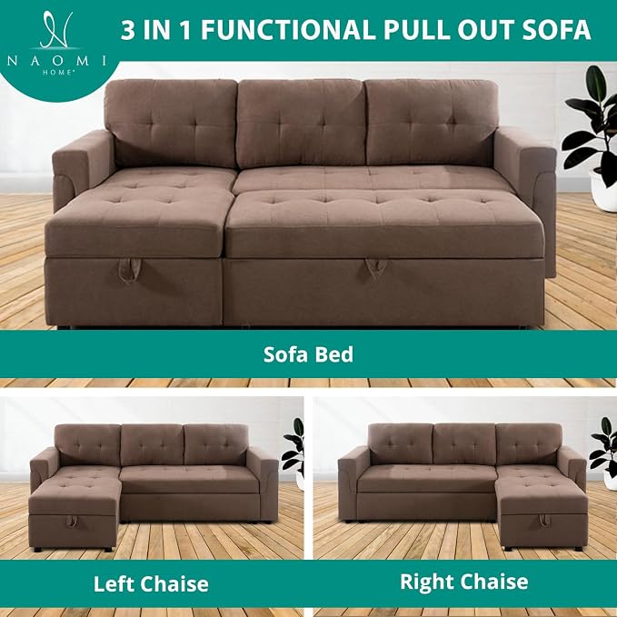 Naomi Home 84" L-Shaped Sectional Sleeper Sofa with Pull Out Bed | Sleeps Guests Comfortably, Stores Essentials in Chaise & Saves Space, Velvet, Mocha Convertible Sofa Bed