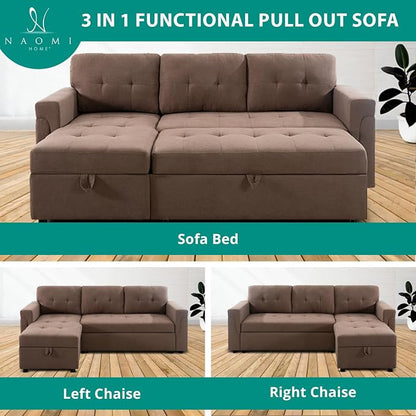 Naomi Home 84" L-Shaped Sectional Sleeper Sofa with Pull Out Bed | Sleeps Guests Comfortably, Stores Essentials in Chaise & Saves Space, Velvet, Mocha Convertible Sofa Bed