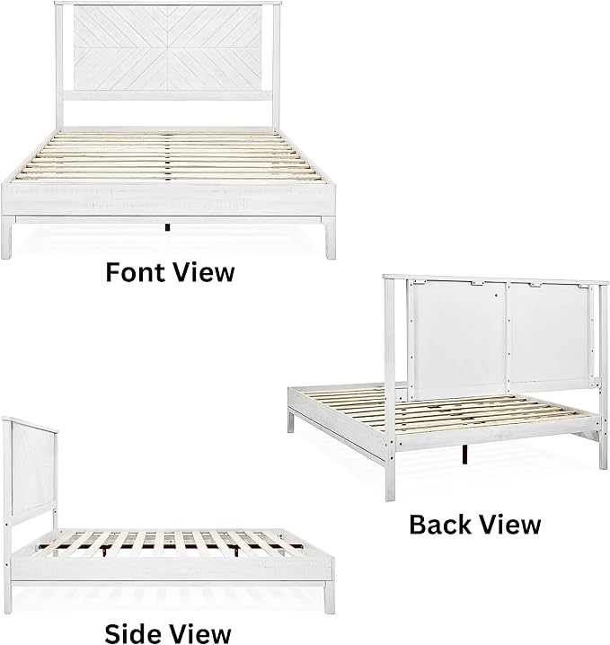 Bme Vivian 14 Inch Deluxe Bed Frame with Headboard, Rustic & Scandinavian Style with Solid Acacia Wood, No Box Spring Needed, 12 Strong Wood Slat Support, Easy Assembly, Queen, Rustic White