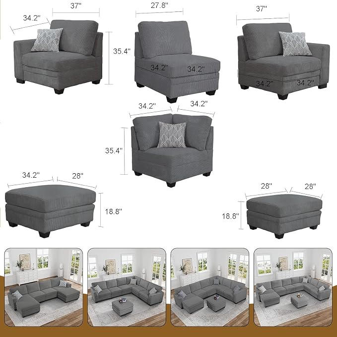 Legend Vansen Oversized Modular Sectional Sofa,U/L-Shaped Corduroy Couch with Ottoman,Deep Seat & Removable Cushion,Easy Assembly for Living Room Apartment,5 Seater,Grey