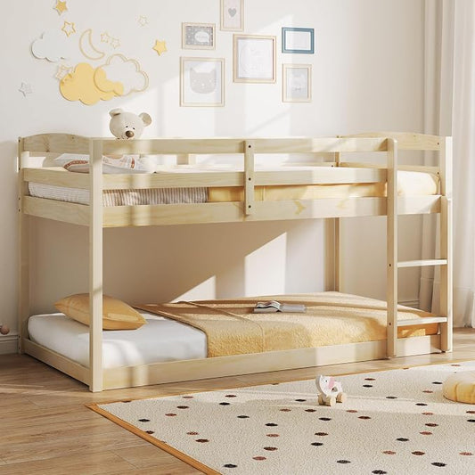 MAT EXPERT Bunk Bed Twin Over Twin, Low Wood Bunk Bed Frame w/Safety Guardrails, Ladder & Slats, Floor Platform Twin Bunk Beds for Kids Toddlers, for Dorm Bedroom, No Box Spring Needed (Natural)