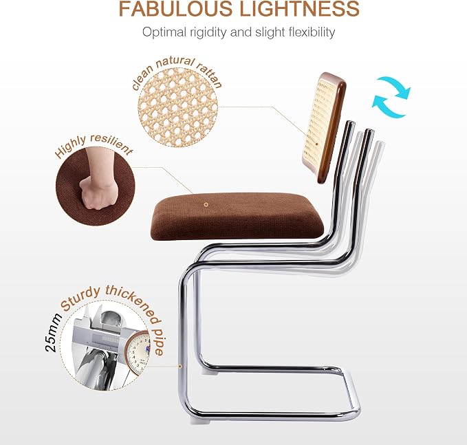 Zesthouse Rattan Dining Chairs Set of 2, Mid Century Modern Dining Room Chairs with Natural Cane Mesh & Chrome Base, Brown Cesca Chair for Kitchen, Breuer Design Inspired, Upholstered Chenille Fabric