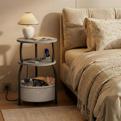 Round Side Table with Charging Station, USB Type C Port, Greige | End Table with Power Outlet and Basket, Space Saving, 3-Tier Nightstand, Corner Stand, for Living Room, Bedroom, Patio