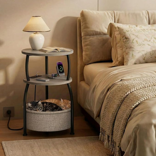 Round Side Table with Charging Station, USB Type C Port, Greige | End Table with Power Outlet and Basket, Space Saving, 3-Tier Nightstand, Corner Stand, for Living Room, Bedroom, Patio