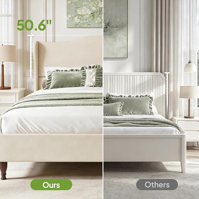 Welzona Full Size Bed Frame 51" Tall Wingback Headboard, Soft Fabric Upholstered Platform Bed with Solid Wood Legs and Wooden Slats Support, No Box Spring Needed, Easy Assembly,Beige